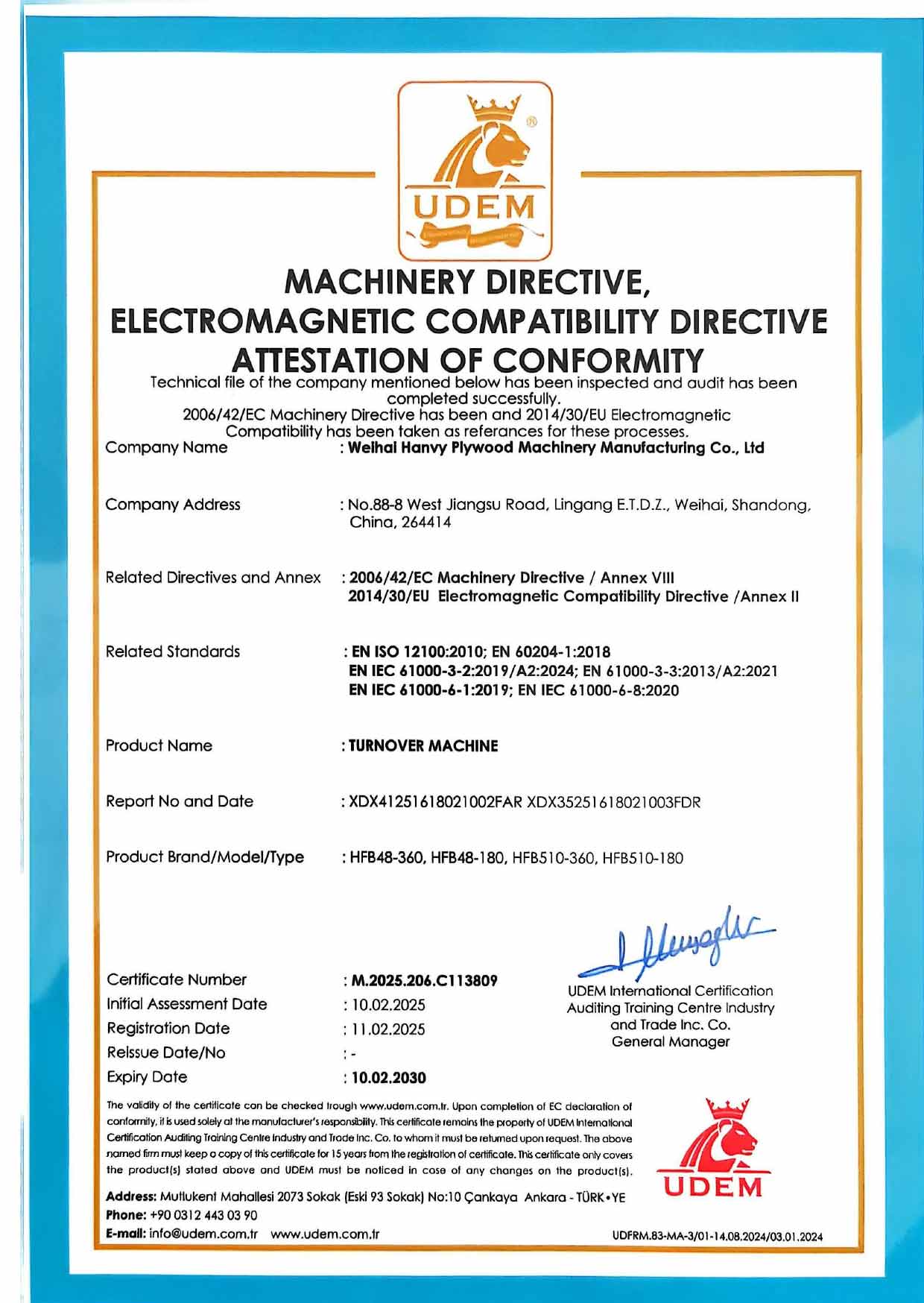 CE Certificate of Compliance - Veneer Peeling & Drying