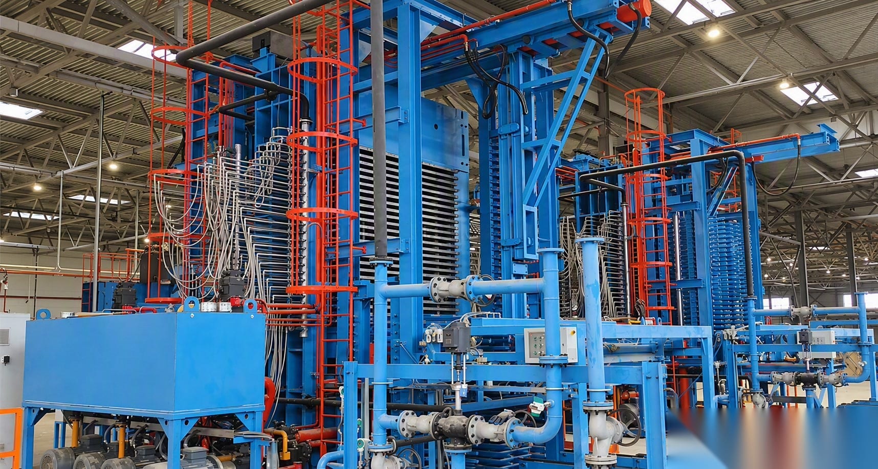Large blue automatic hot press system installed in a customer plant